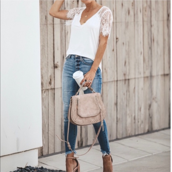 NWT Eyelash Lace Sleeves White V-neck Tee T-Shirt - Picture 8 of 8